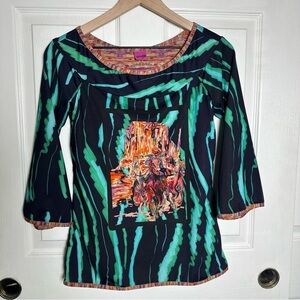 Save the Queen Cowboy Top Womens Medium Black Green Stretch Scoop Neck Artsy